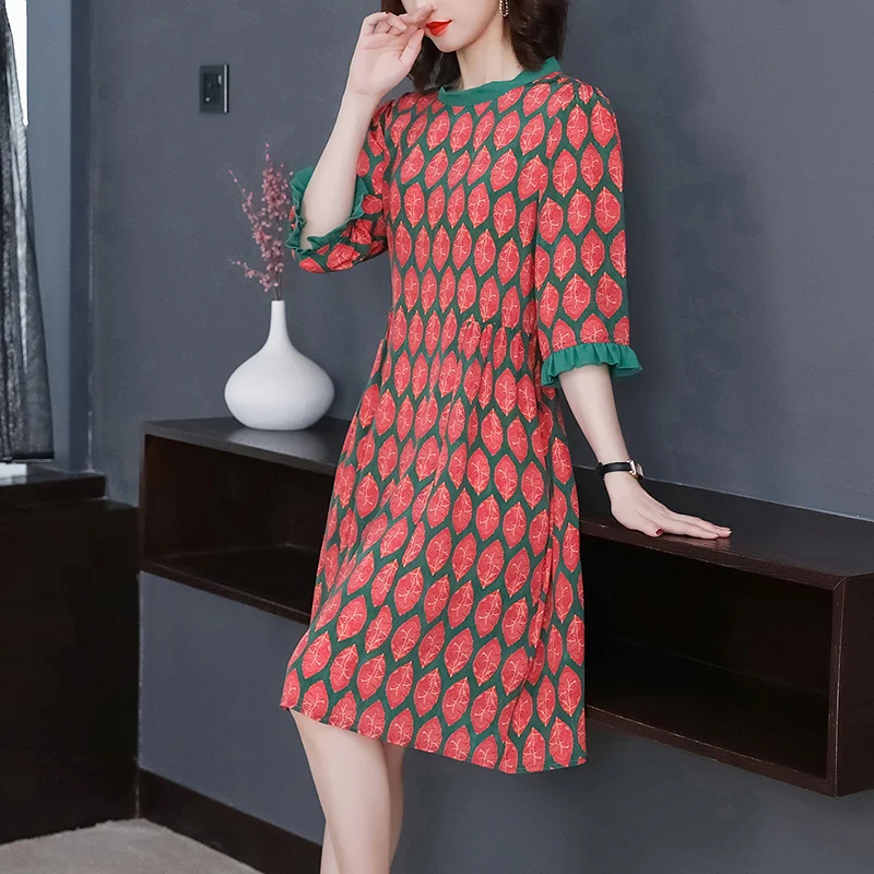 

Silk Dress 2021 Early Spring New European and American High-End Famous Brand Slimming Floral Mulberry Silk 3/4 Sleeve Skirt