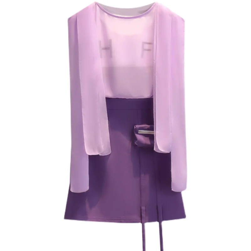 

2021 New Hit Summer Three-Piece Sets For Women Sunscreen Shirt+Letter Print Short Vest +Solid A-Line Pocket Skirt Female Outfits