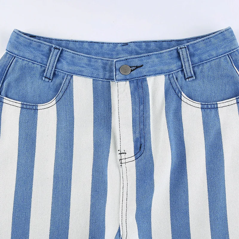 

90s Vintage Striped Blue Skinny Jeans Women Casual Patchwork High Waist Denim Pants Capris Fashion Pocket Long Trousers Clothes