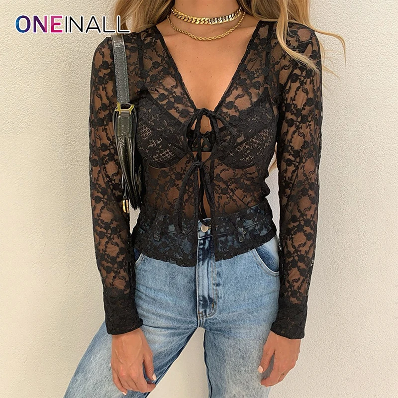 

ONEINALL Sexy Patchwork Lace Shirt For Women V Neck Lace Up Long Sleeve High Waist Solid Blouse Female New 2021 Summer Fashion