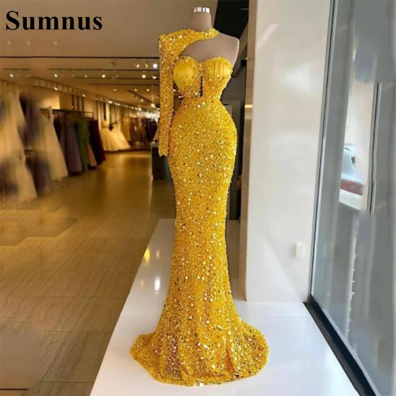 

Sumnus Gold Glitter Prom Dresses One Shoulder Long Sleeves Shiny Sequins Beads Mermaid Evening Gowns Long Women Formal Dress