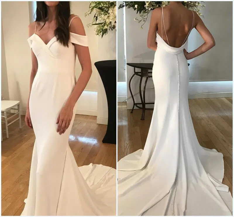 Сдержанные Свадебные платья-русалки простые атласные сапетти с открытыми