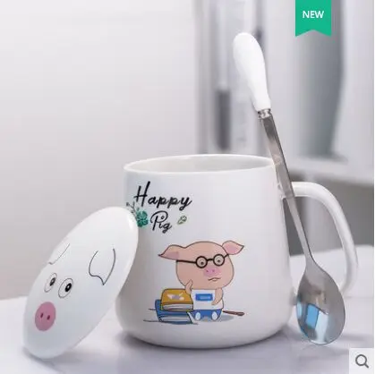 350ML cute pig ceramic mugs breakfast milk cup with lid spoon gift coffee mug handle creative cups | Дом и сад