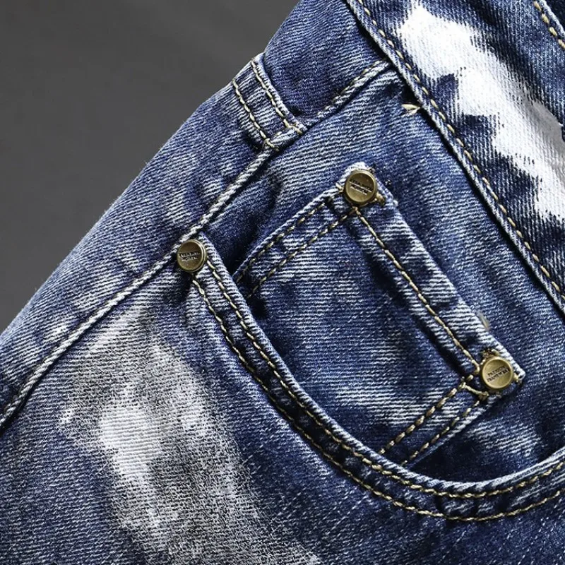 

2021 Spring Fashion Mens Embroidery Straight Jeans Streetwear Graffiti Printed Spliced Denim Pants Man Cowboy Long Trousers 38