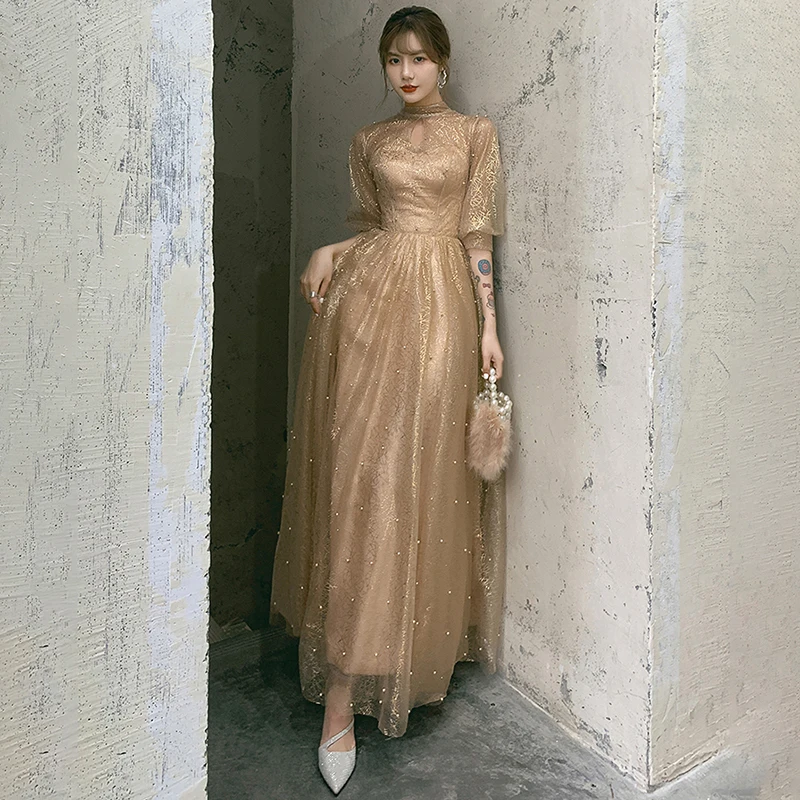 

New High Neck Evening Dress Half Sleeves Sequins A-Line Floor-Length Pearls Luxurious Zipper Back Woman Formal Party Gown A530