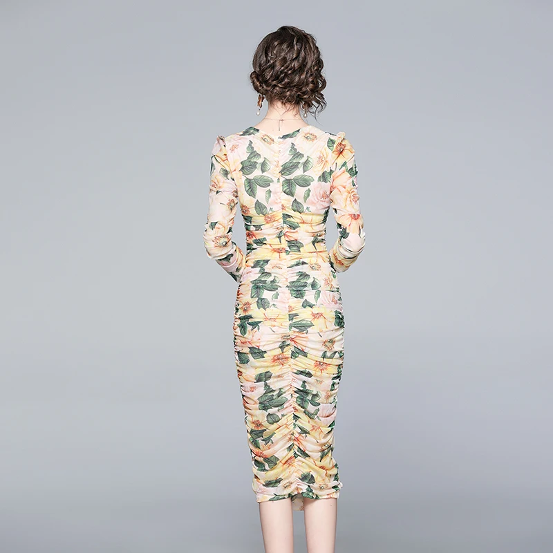 

Fashion women's dress 2021 new bag hip puff sleeve mesh gauze pleated elastic waist bag hip print mid-length dress