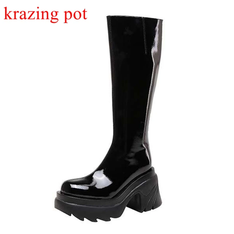 

Сапоги из микрофибры на платформе Krazing Pot, зимние модельные сапоги до колена на толстом высоком каблуке, с застежкой-молнией и круглым носком