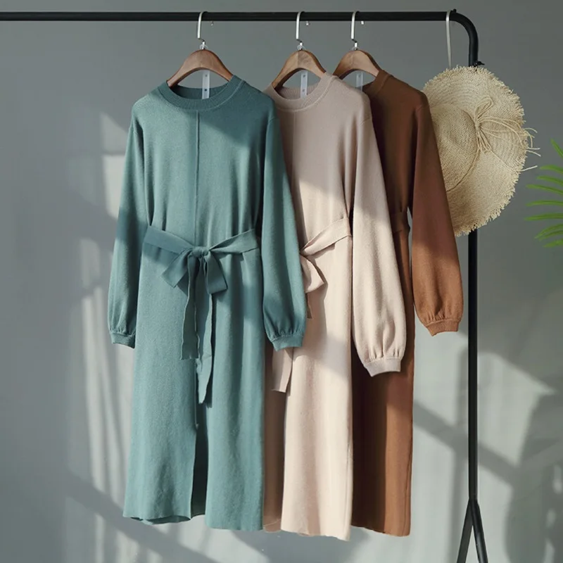 Элегантное OL тонкое длинное платье свитер с круглым вырезом женское плотное