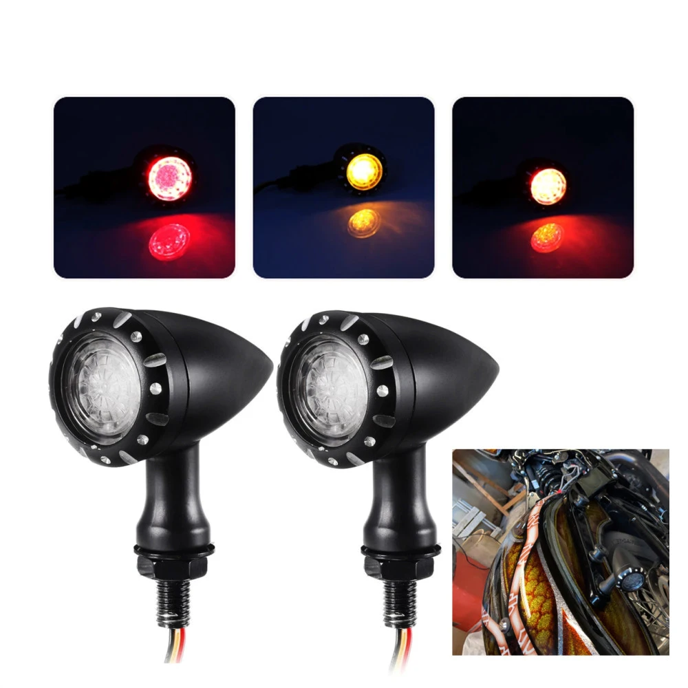 

2Pcs Retro Motorcycle LED Turn Signal Lights Motorbike Front Rear Bullet Blinker Brake Tail Lights 12V Black Shell Indicator