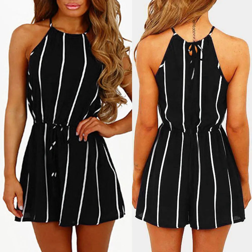 

Womens Casual Stripe Printing Off Shoulder Sleeveless Rompers Jumpsuit Playsuits