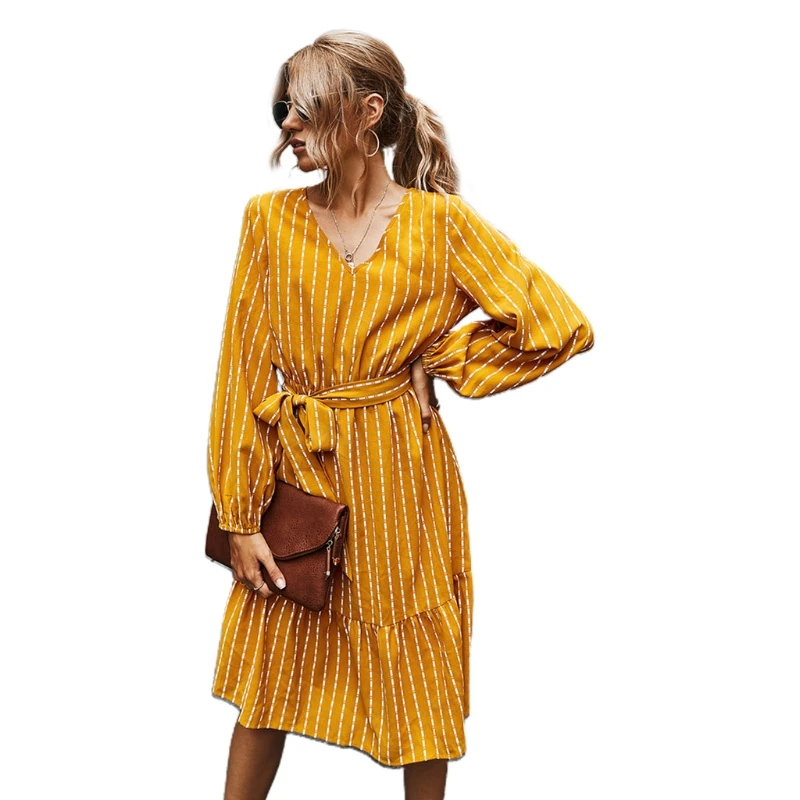 

Women Puff Long Sleeve V-Neck Striped Belted High Waist Solid Loose Midi Dress