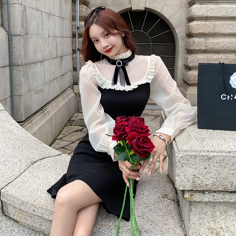 

Женское цельное платье в Корейском стиле, офисные однотонные платья на молнии во французском стиле с длинным рукавом и высокой талией в сти...