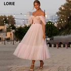 Женское вечернее платье в горошек LORIR, розовое ТРАПЕЦИЕВИДНОЕ ПЛАТЬЕ до середины икры, с открытыми плечами, для выпускного вечера, 2021