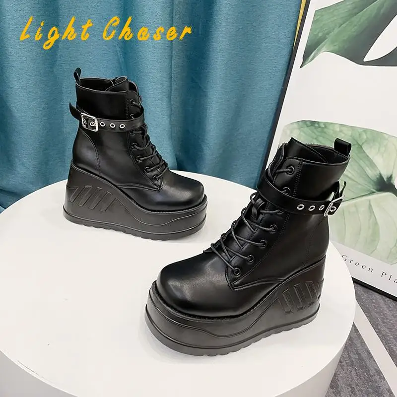 Fashion Punk Style Platform Women Ankle Boots Women's Motorcycle Boot Fashion Ladies Chunky Shoes Wedge Black Big Size 4142 43