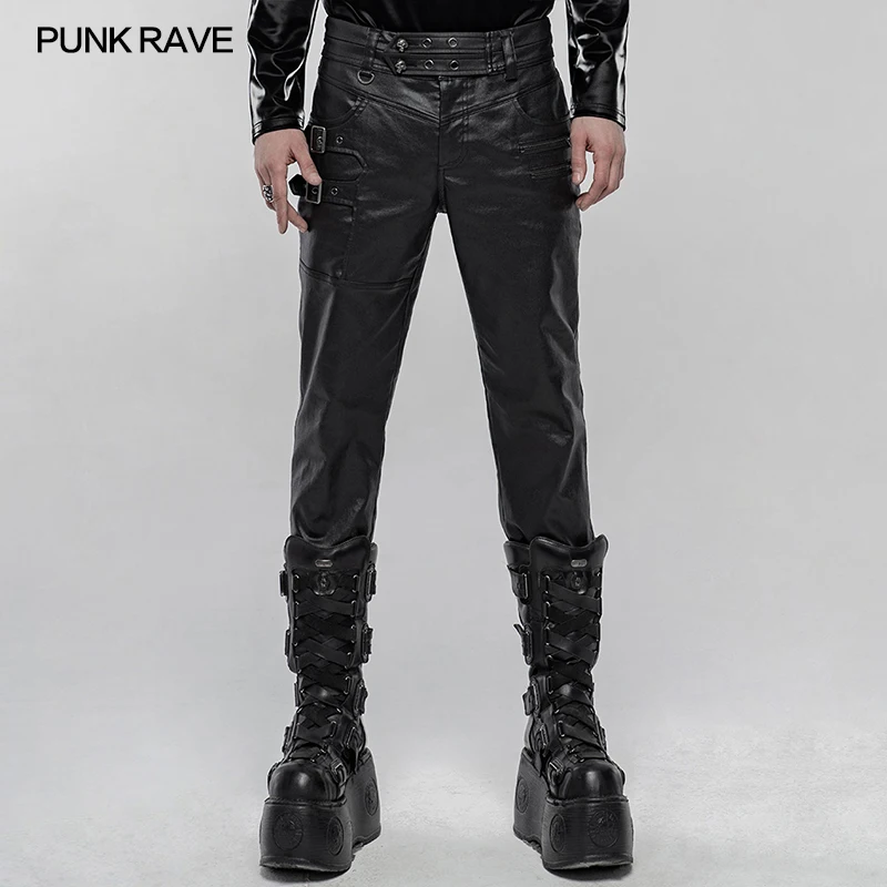 PUNK RAVE Men's Punk Imitation Leather Handsome Pants Daily Casual Zipper Bag Decoration Men Fashion Pencil Trousers Street Wear