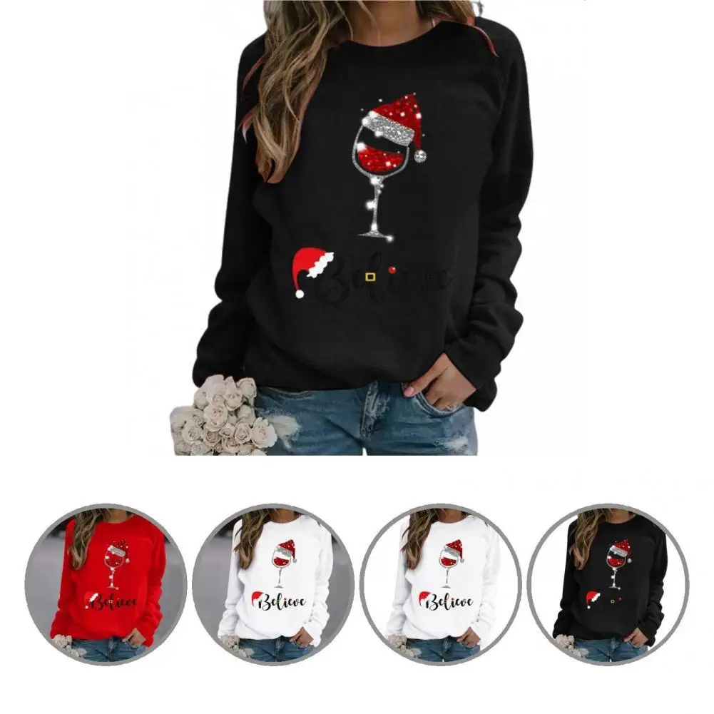 

Удобная Милая Рождественская шапка с принтом винного бокала Женская толстовка Стразы пуловер свитшот с круглым вырезом уличная одежда