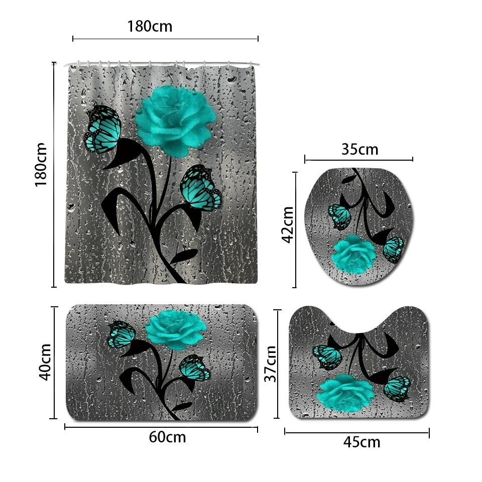 

Flannel Bathroom Rug Set Bath Mat and Shower Curtain Set Toilet Bathroom Shower Mats None Slip Floral Floor Mat for Bathroom