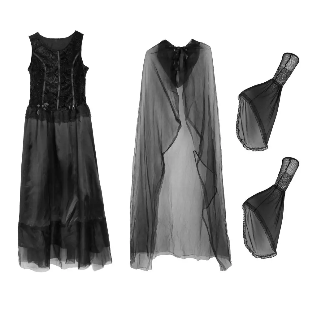 

Ladies Witch Costume Long Black Hallowen Fancy Dress Up Cosplay Party