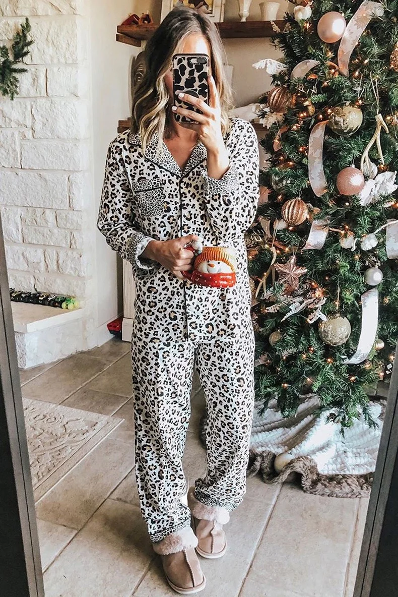 

2021 модная пижама с длинным рукавом Осень Леопардовый полиэстер брюки с длинным рукавом костюм с принтом модный пижамный комплект