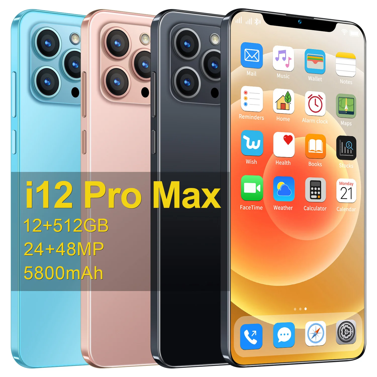 

Global Version I12 Pro Max 6.7inch Smart Phones 5800mAh 12G+512G Android 10.0 Mobile Phone Face Unlock Dual SIM 5G Network Phone