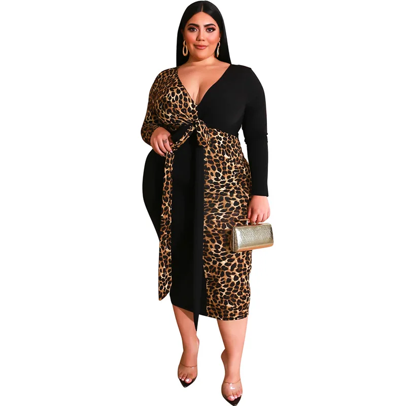 Plus Size Dress Womens Leopard Lace Up Sexy V Neck Winter OL High Waist Pencil Dresses Wholesale Dropshipping MT705 | Женская одежда