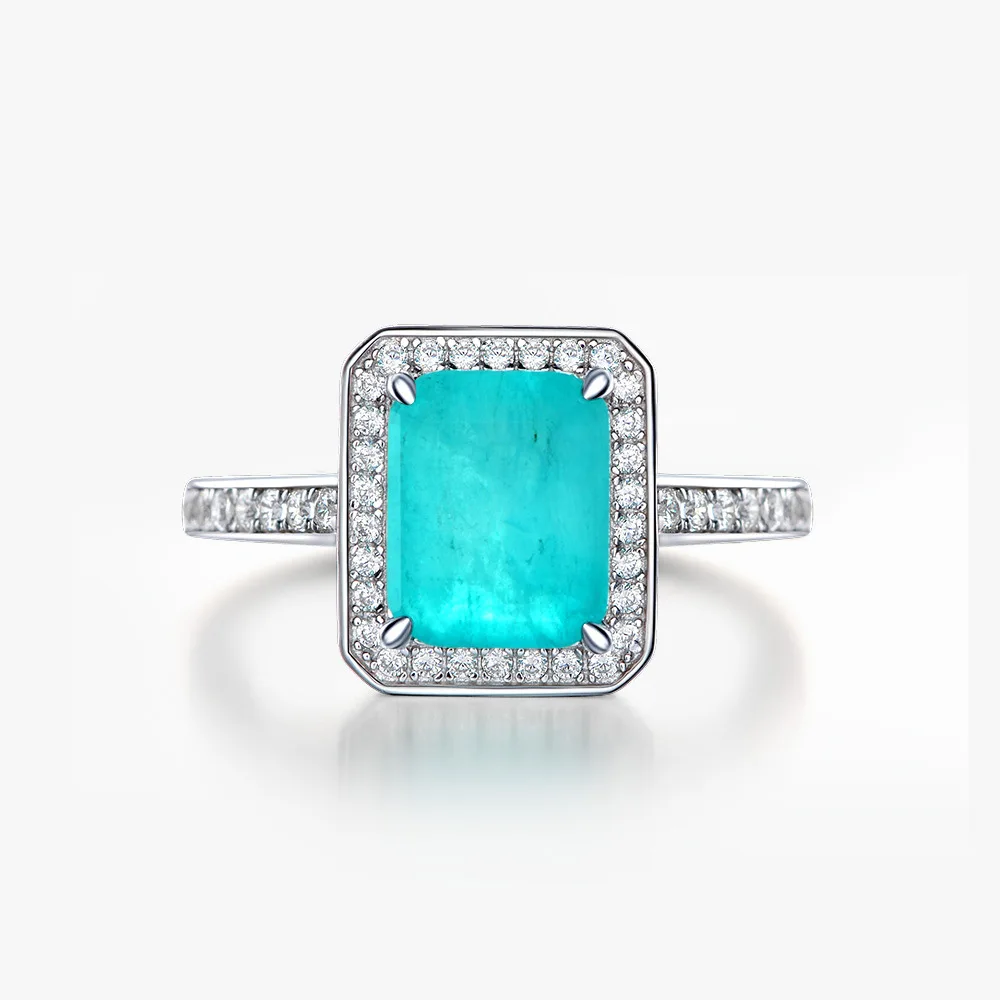 

Megin D S925 Sterling Silver Square Paraiba Stone Luxury Ins Crystal Boho Vintage Ring for Women Men Wedding Couple Gift Jewelry