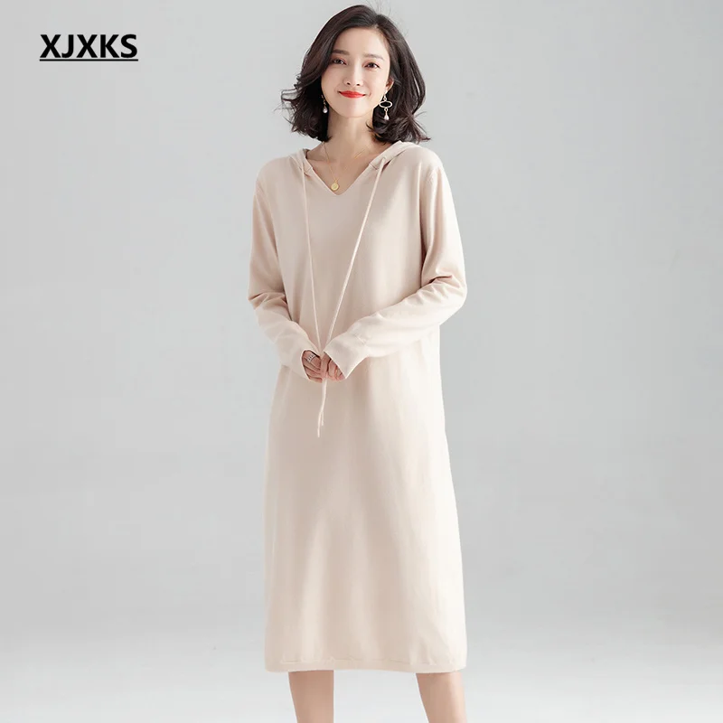 

XJXKS 2021 autumn winter new fashion hooded women long sweater fashion cashmere knitted sweater women pullover