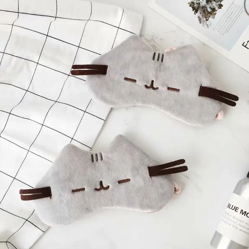 

Cute Cartoon Plush Sleeping Eye Mask Embroidery Gray Cat Satin Lined Eyeshade