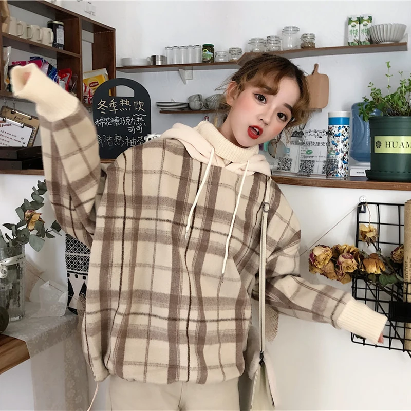 Толстовка Женская в клетку Свободный пуловер с высоким воротником и капюшоном