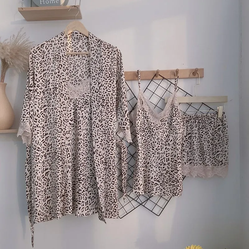 

Leopard 4PCS Pajamas Set Satin Faux Silk Women Sleepwear Lace Kimono Robe Gown Sexy Nightwear Lingerie 2021 New Lounge Wear