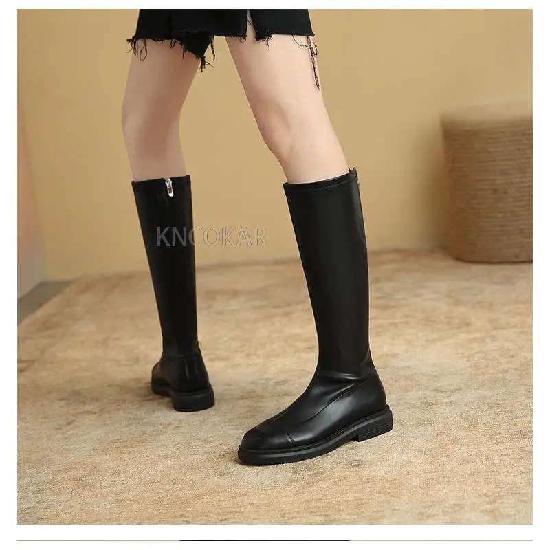 2021 autumn and winter casual round toe thick heel top layer cowhide fashion boots rear zipper low heel high boots women