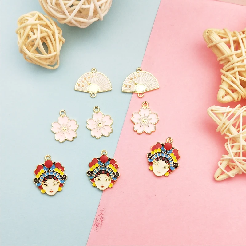 

10pcs/pack Cute Pink Flower Charms Fan Beijing Opera Metal Golden Enamel Pendant Earring Finding DIY Fashion Jewelry Accessories