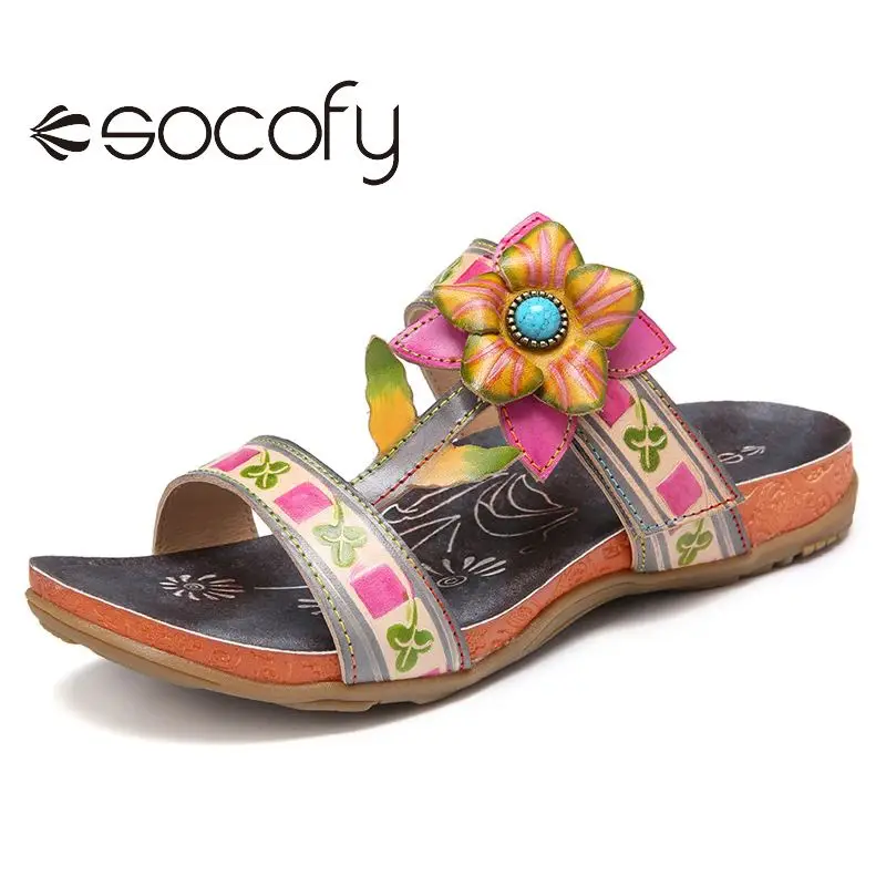 

SOCOFY Women Leather Sandals Floral Decor Beaded Slides Flat Flip Flops Flat Slip-on Sandals Casual Outdoor Summer Shoes 2020