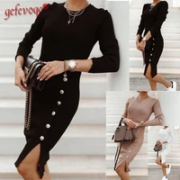 autumn winter women casual elegant street casual long sleeve clothes lady basic solid button bodycon knitted midi dress robe
