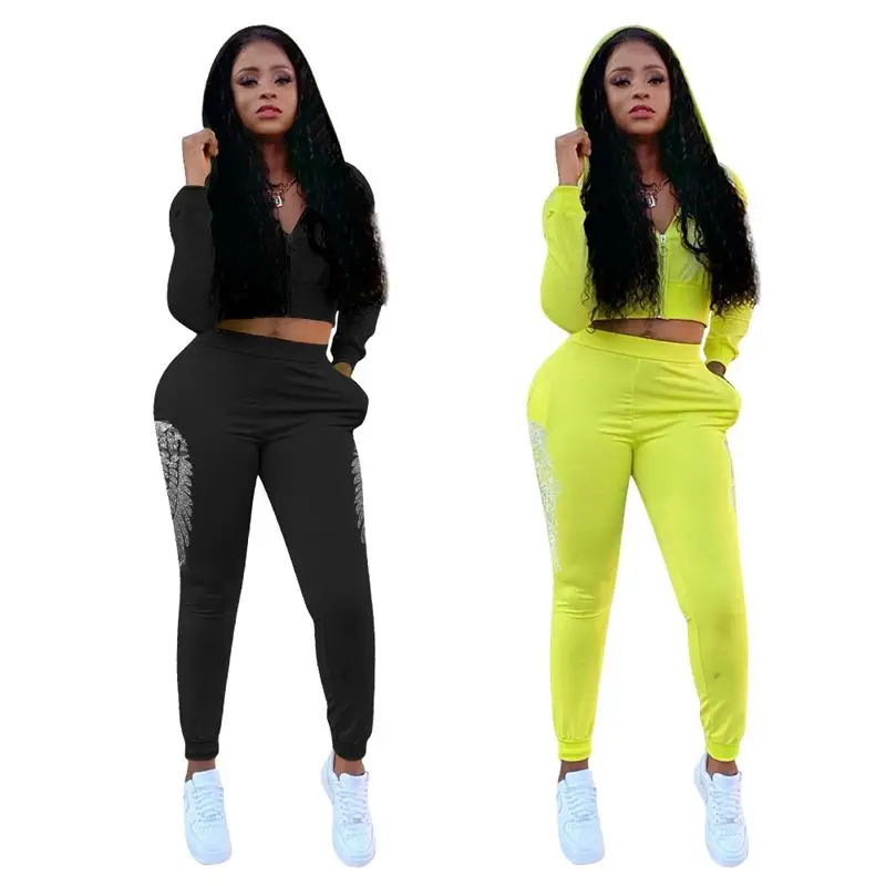 

HAOYUAN Hot Rhinestones Two Piece Set Fall Clothes for Women Tracksuit Crop Tops Pant Suits Lounge Wear Outfits Matching Sets