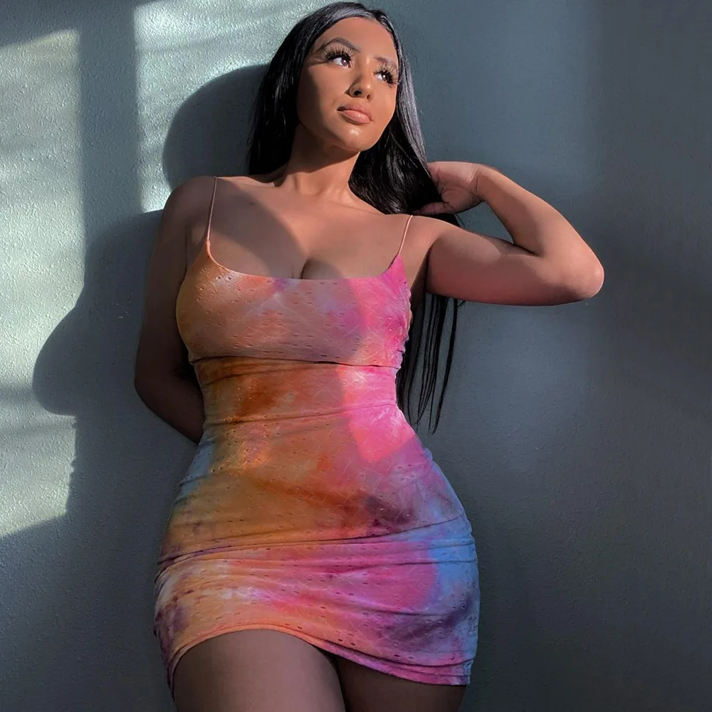 

Women Sexy Hollow Skinny Dress Tie-dye Backless Suspender Short Dress Water Ripple Print High Waist Package 2021 Hip Midi Skirt