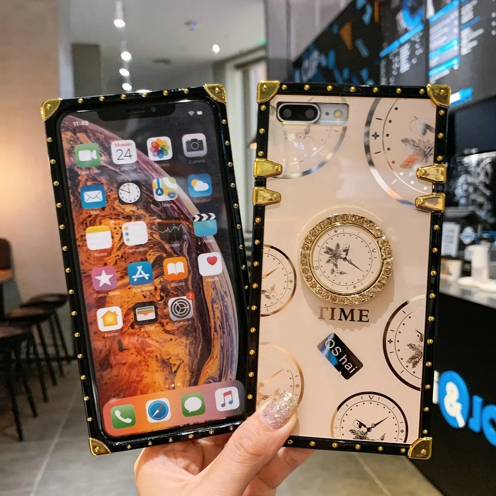 Роскошный квадратный чехол с часами для iPhone 11 12 13 Pro Max X XR XS 7 8 блестящая Подставка