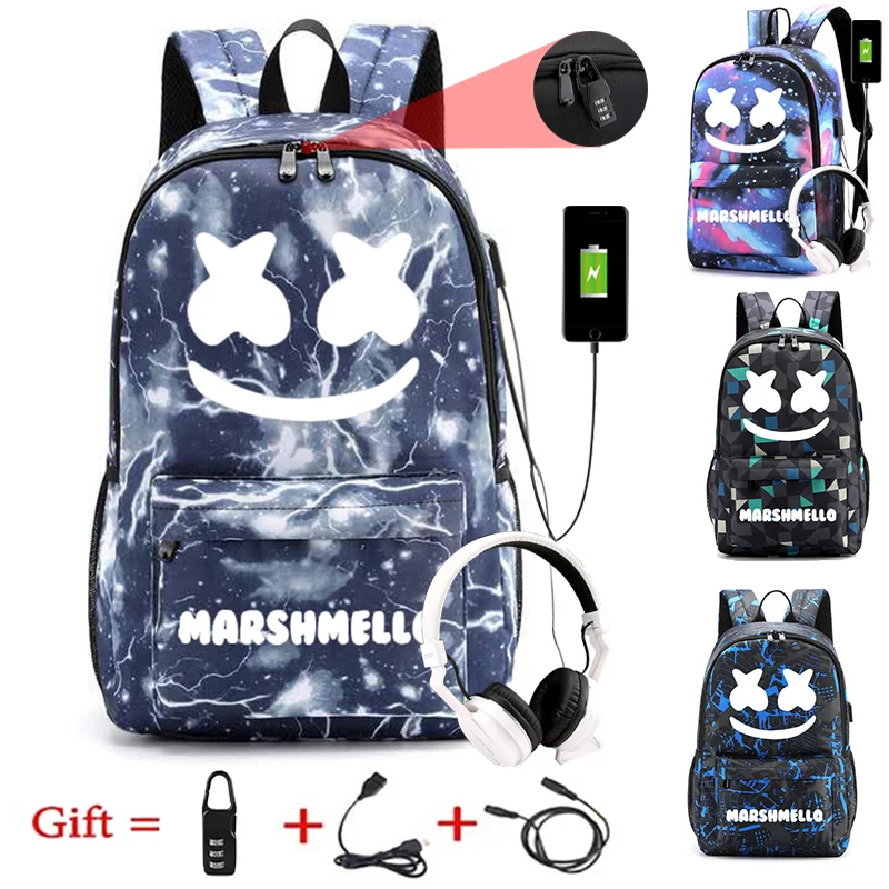 DJ Marshmellow брезентовый Рюкзак светящийся водонепроницаемый Противоугонный рюкзак для подростков мальчиков девочек студенческий рюкзак обратно в школу