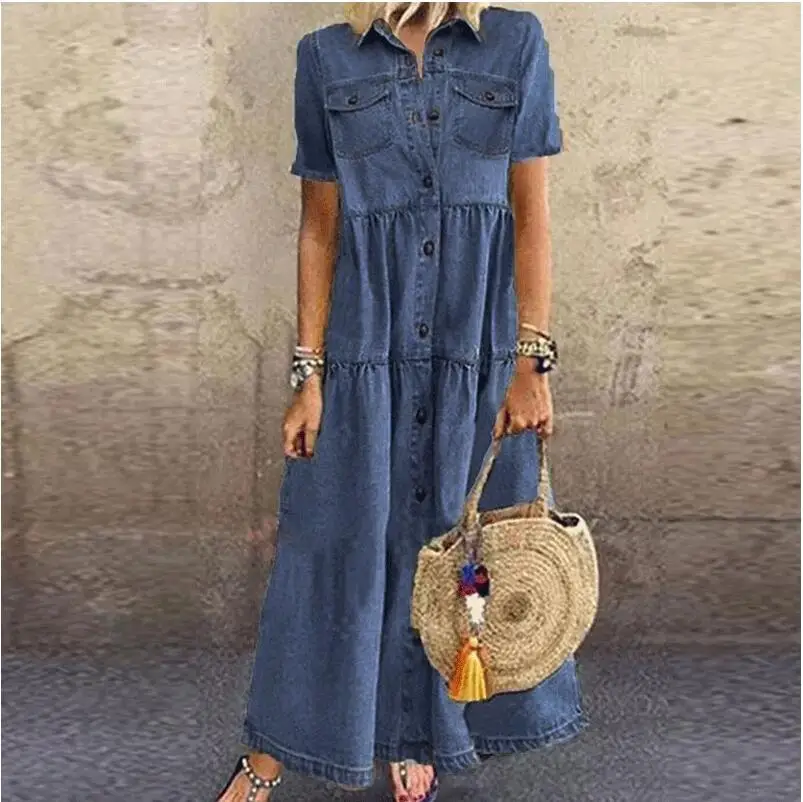 

Women Elegant Floral Print Party Dresses 2021 Summer Casual Short Sleeve Button Dress Ladies Fashion Turn-down Collar Maxi Dress