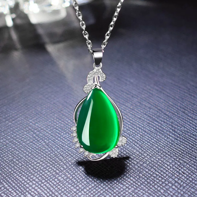 Natural Green Jade Chalcedony Water Drop Agate Pendant 925 Silver Necklace Chinese Carved Fashion Charm Jewelry Amulet for Women | Украшения