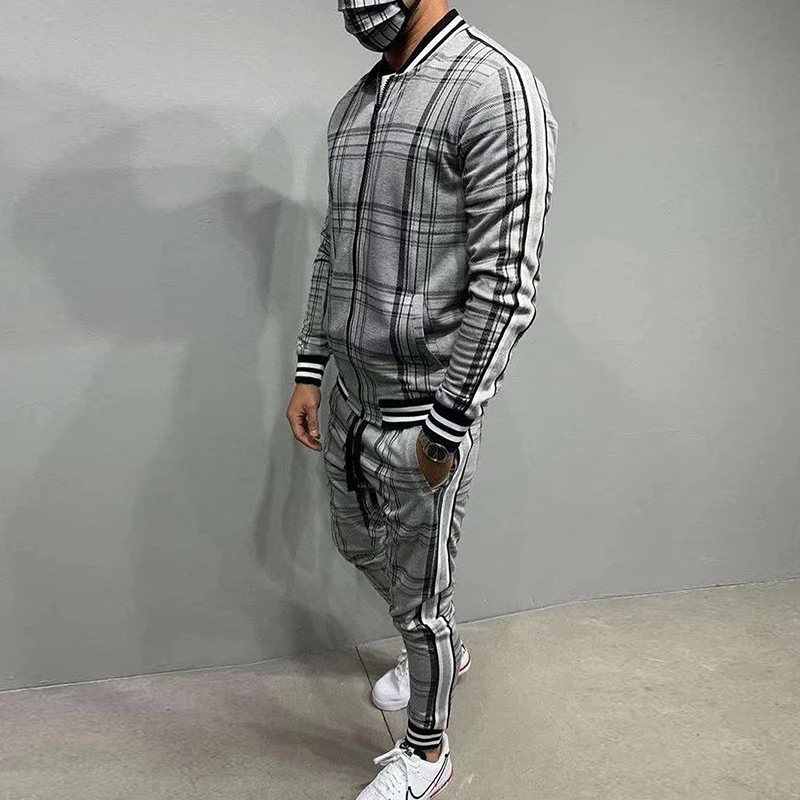 

New autumn and winter European and American cardigan plaid jacket sports fashion versatile men's casual wear personalized suit