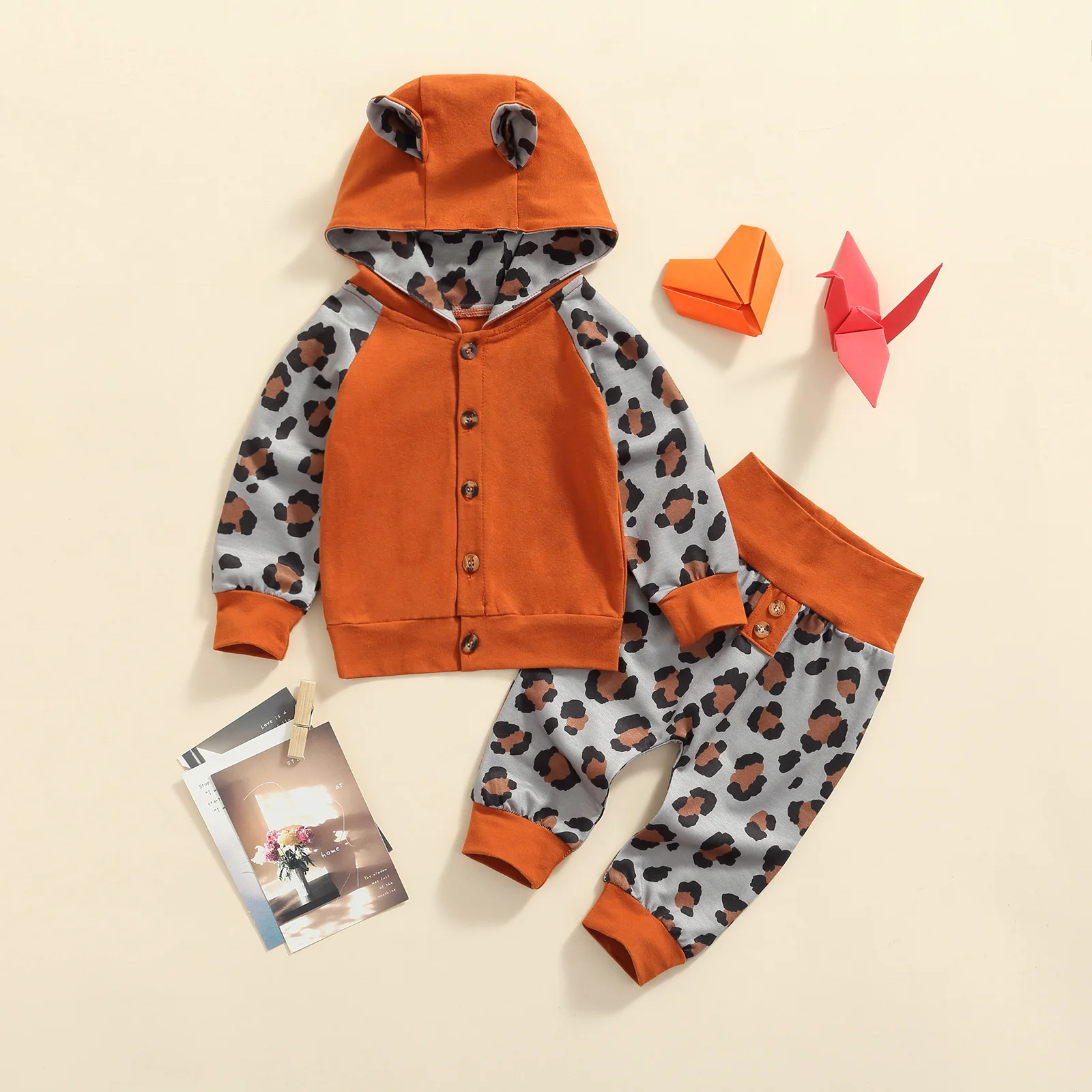 

2 Pcs Toddler Baby Leopard Print OutfitsButton-Down Color Block Cute Ear Hooded Sweatshirt Coat Trousers Fall Clothe Sets