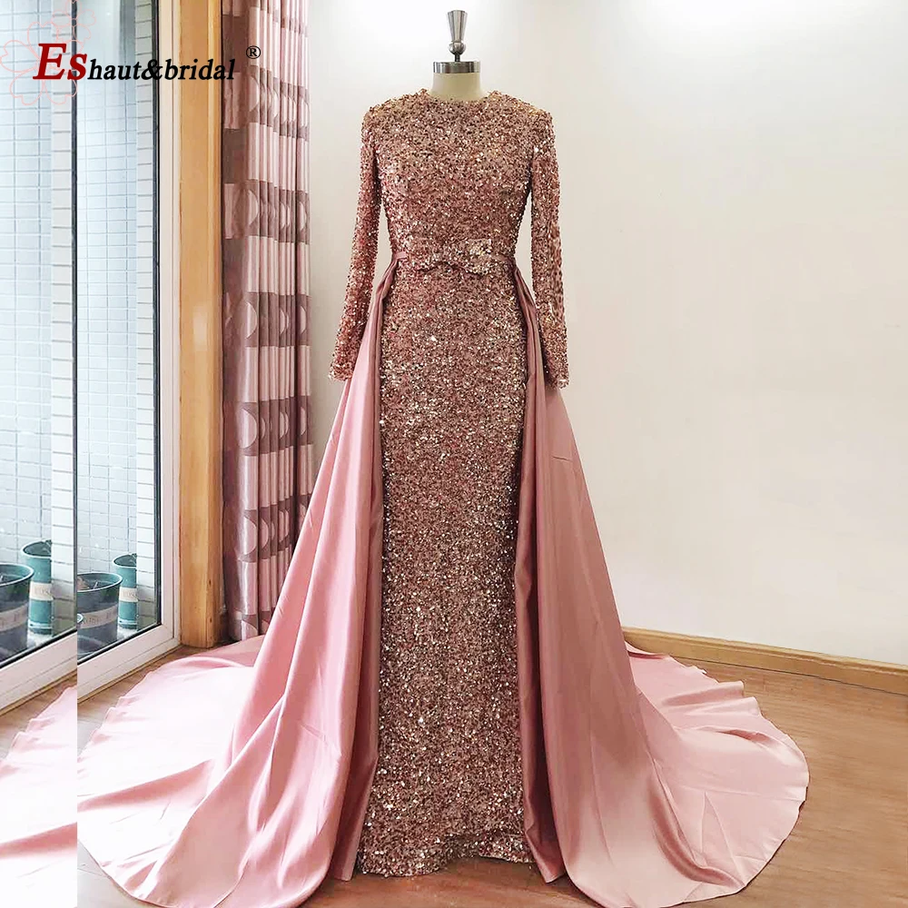 

Luxury Mermaid Evening Night Dresses 2022 O-Neck Long Sleeves Sequin Velvet Muslim Prom Formal Party Gowns with Detachable Train