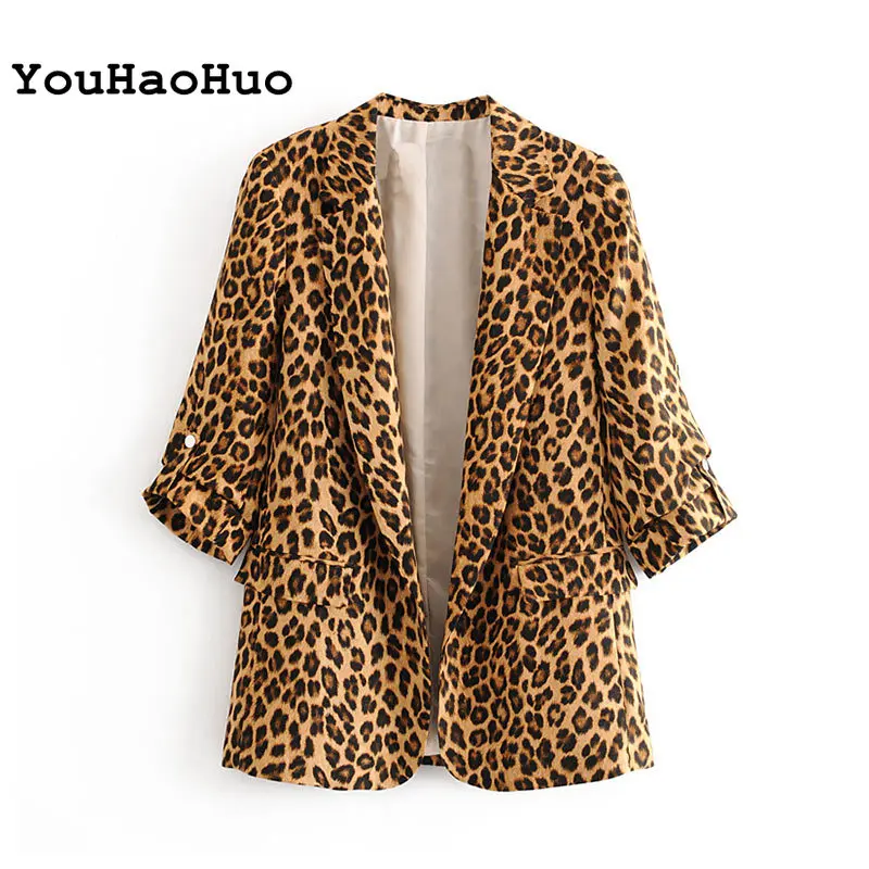 Женский леопардовый блейзер в стиле ретро пиджак с карманами и отложным