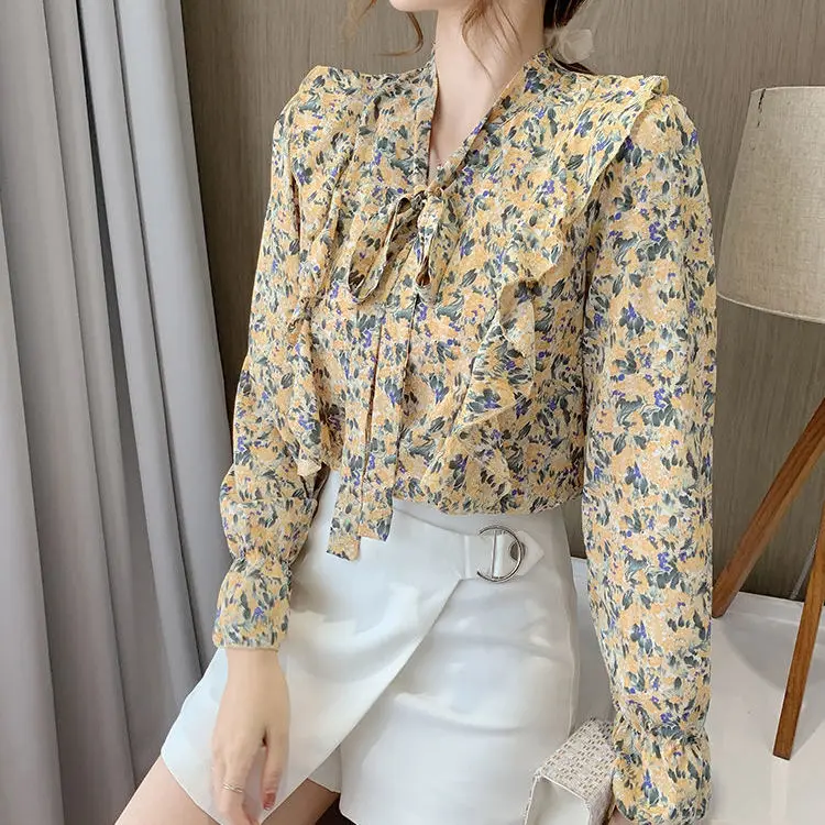 

Chiffon Shirt Women's Long-Sleeved Ribbon Lotus Leaf Printed Bow Shirt All-Matching Slimming