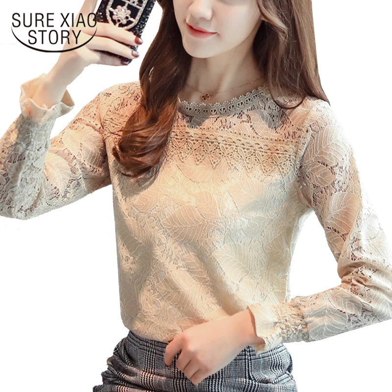 Новая мода с длинными рукавами однотонные кружевные женские блузки рубашки топы