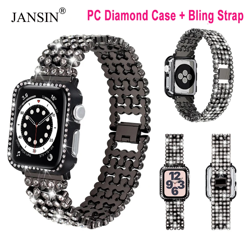 Роскошный Алмазный чехол + ремешок из нержавеющей стали для Apple Watch Band 38 мм 42 40 44