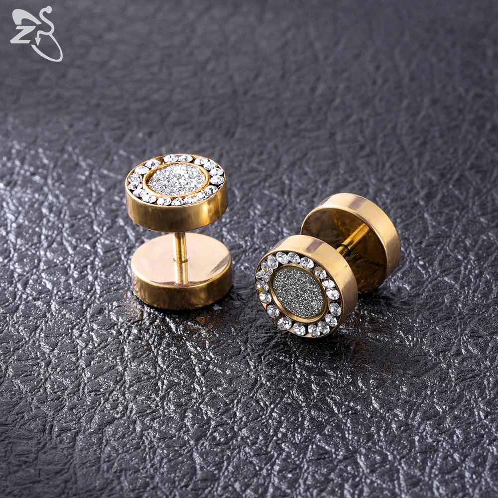 ZS Stainless Steel Stud Earrings For Women Girls Shiny AAA Cubic Zirconia Round Ear Gold Rose Color 16G Fake Plugs | Украшения и