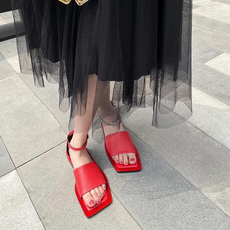 

MORAZORA Summer Women Sandals Flat Heel Square Toe Ankle Strap Buckle Casual Shoes Genuine Leather Comfortable Sandals