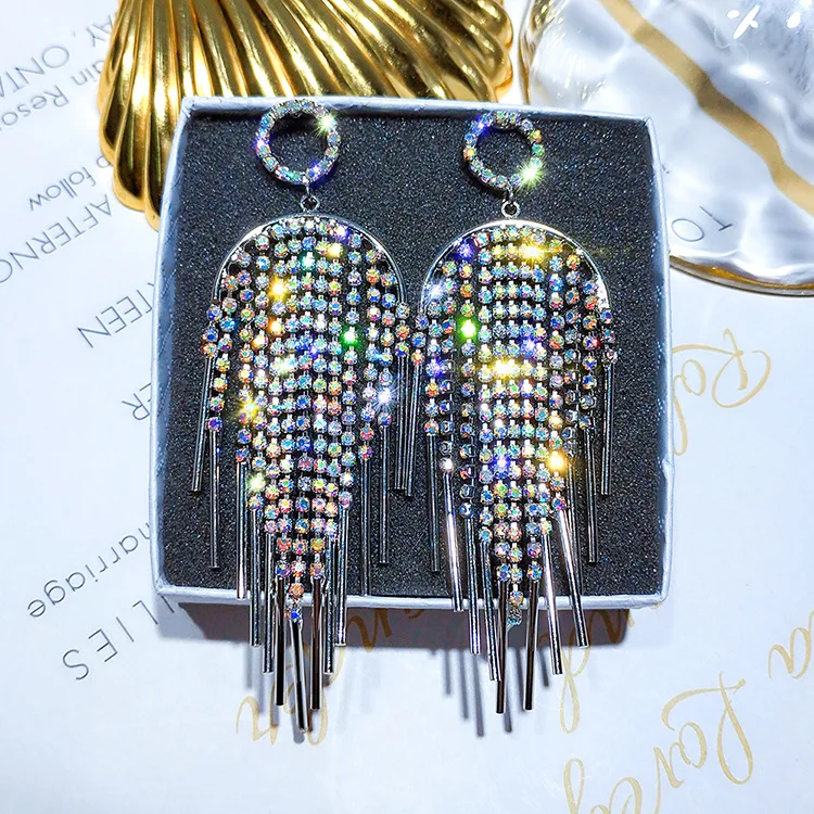 

USTAR Full Rhineston Long Tassel Drop Earrings for Women Hyperbole Crystal Dangle Earrings Wedding Party Jewelry Gifts